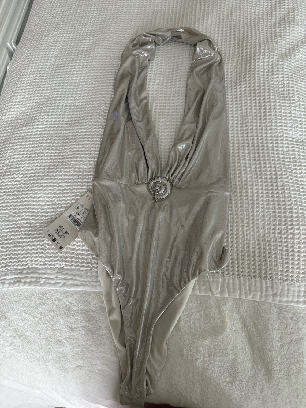 Metallic Silver Halter Women’s Bodysuit